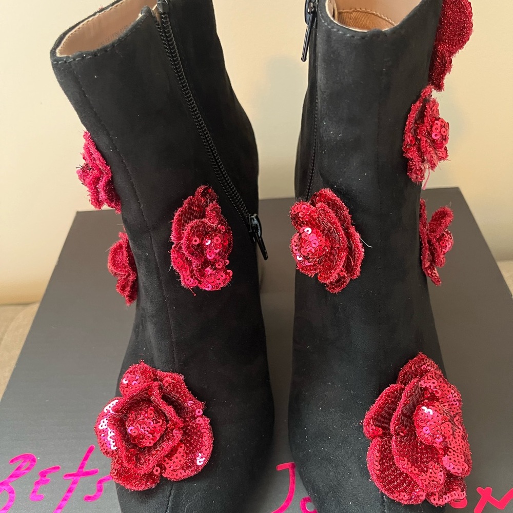 Betsey Johnson Black Ankle Boots with Red Sequin Flowers